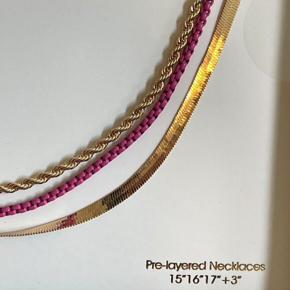 Nicole Miller Layered Necklace Triple Gold Tone Pink Snake Rope 3" Ext NEW - Picture 9 of 12